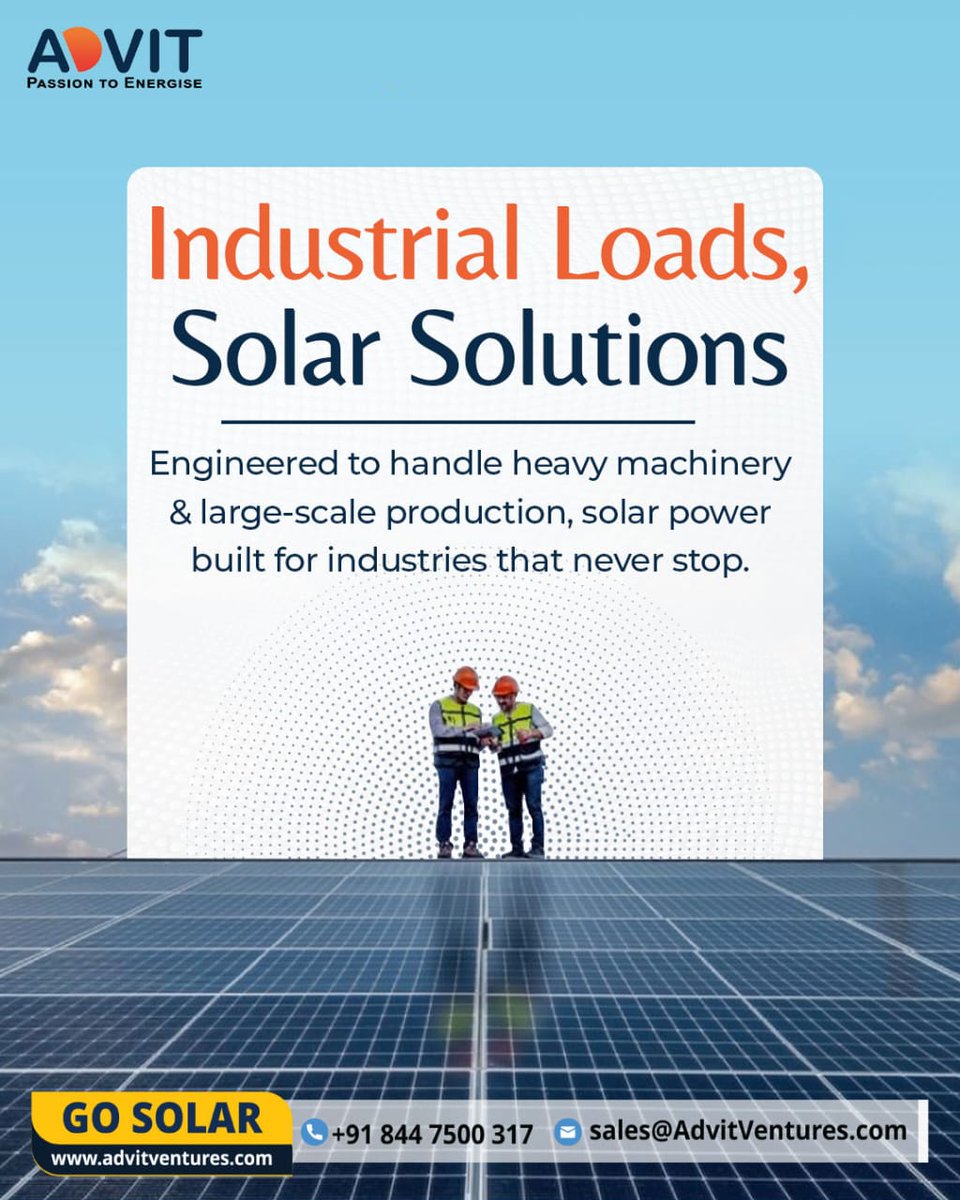 advitsolar's tweet photo. Power your industry with energy that never quits ⚡
From heavy machinery to large-scale production, Advit Solar delivers reliable, high-performance solar solutions built to keep your operations running—efficiently and sustainably. 🌞 https://t.co/RPMHyRWs47