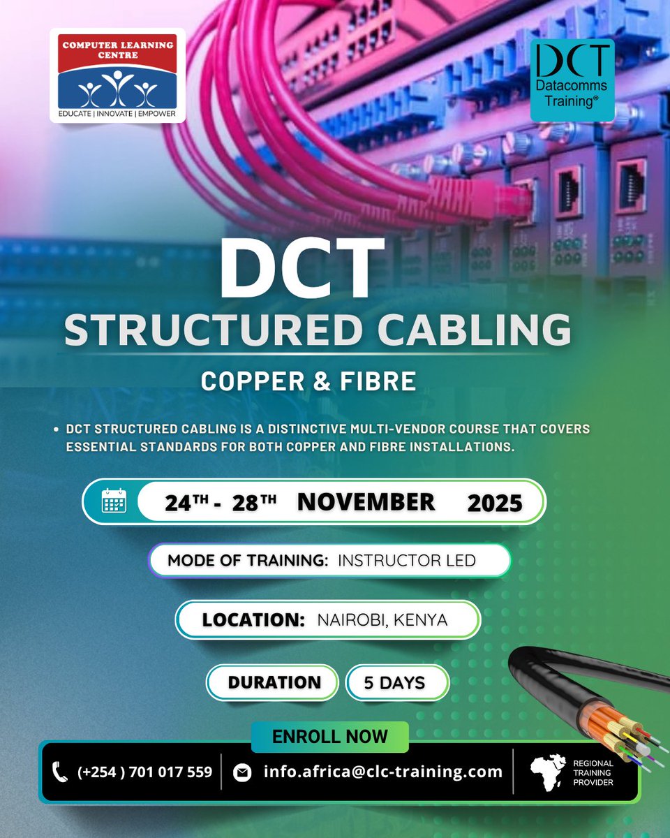 CLC_Training_'s tweet image. Get ready for the DCT Structured &amp;amp; Fiber Optics Training starting November 24th, 2025!
Train on @Datacomms training

📍 Enrol Today
🌐 shorturl.at/fUHQy
📧 info.africa@clc-training.com © 
#dct #StructuredCabling #fiberoptics #datacomms #training #clctraining #clclearning