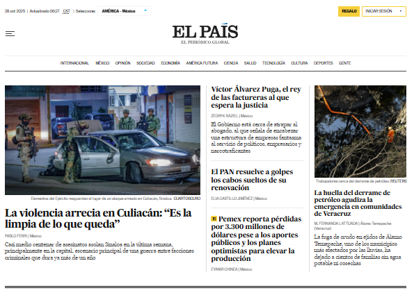 🗞️🇲🇽 #Portada | La violencia arrecia en Culiacán: “Es la limpia de lo que queda”, en EL PAÍS MÉXICO este 28 de octubre 

Lee más 🔗 elpais.com/mexico/?ed=mex