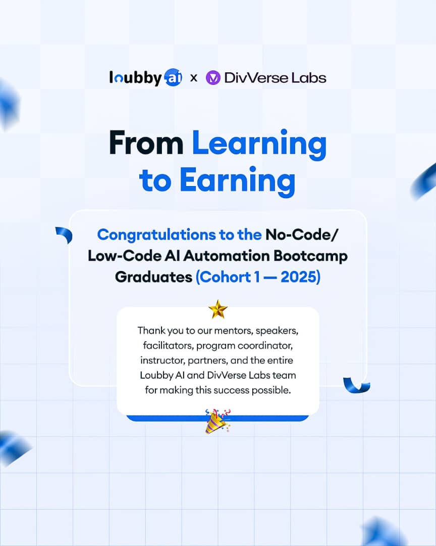 The No-Code/Low-Code AI Automation Bootcamp 2025 Cohort 1 Comes to a Close 🚀

After 12 transformative weeks of immersive learning, Cohort 1 of the No-Code/Low-Code AI Automation Bootcamp 2025, proudly sponsored by Loubby AI (<a href="/loubby_ai/">Loubby AI</a>), in partnership with DivVerse Labs
