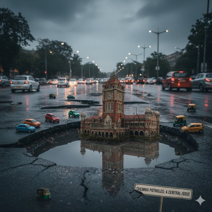 saindavai's tweet image. ஒரு ரோடு கூட ஒழுங்கா போடல இதுல 2026ல நாங்க மறுபடியும் ஆட்சிக்கு வருவோம்னு சொல்றாங்க 

#SingaraPotholeCHENNAI