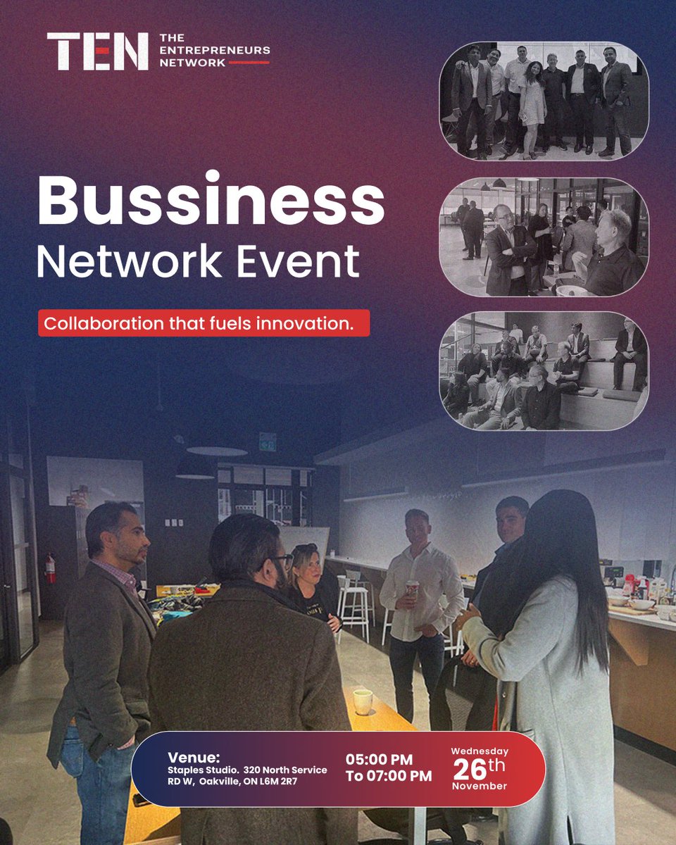 Big ideas are born when innovators unite! 💡
Join us for an evening of connection, collaboration &amp; growth at TEN’s Business Networking Event.

📅 Nov 26 | 🕔 5–7 PM | 📍Oakville
Register: eventbrite.com/e/business-net…
#Networking #BusinessGrowth #OakvilleEvents