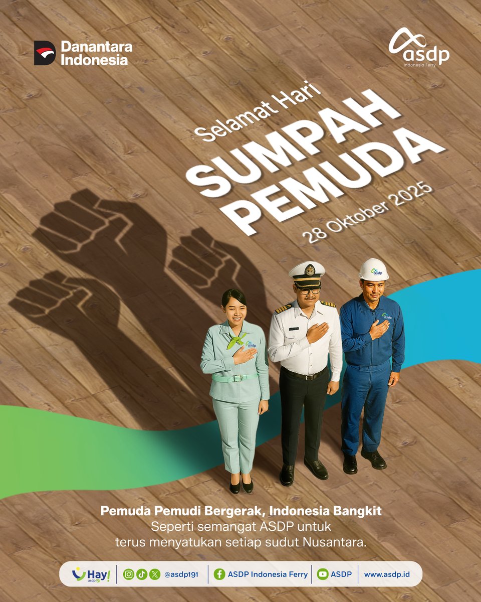 asdp191's tweet image. Semangat para pemuda adalah nyala yang tak pernah padam.
Hari ini, kita rayakan tekad yang menyatukan Indonesia dari Sabang sampai Merauke.
Bersama ASDP, semangat itu terus berlayar menyatukan setiap pulau di Nusantara. 🌊🇮🇩

#SumpahPemuda #ASDP #JelajahiNusantaraBersamaASDP