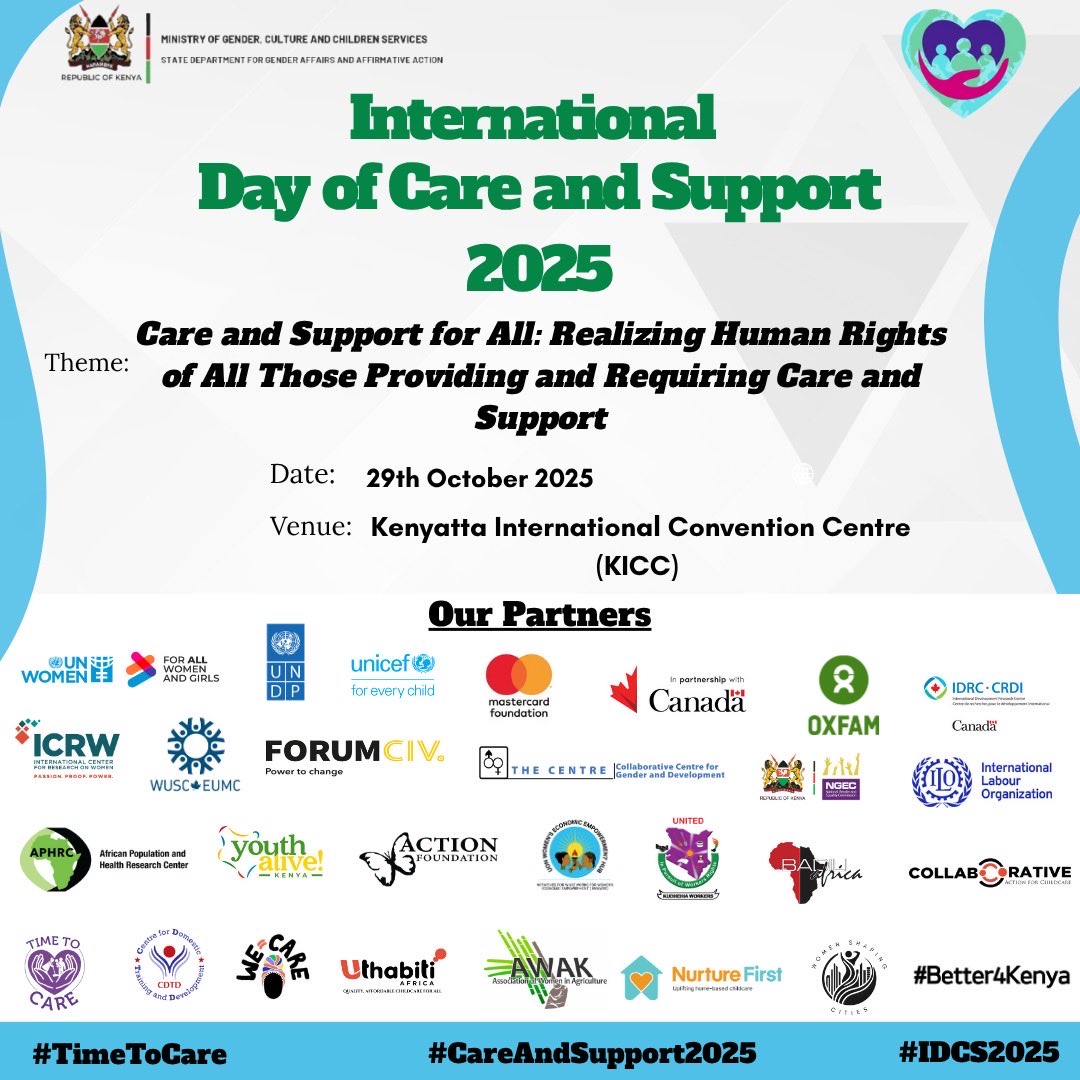ICRWAfrica's tweet image. 🌍 International Day of Care and Support 2025

On October 29, 2025, Kenya joins the global community in marking the International Day of Care and Support under the theme:
“Care and Support for All: Realizing Human Rights of All Those Providing and Requiring Care and Support.”

At…