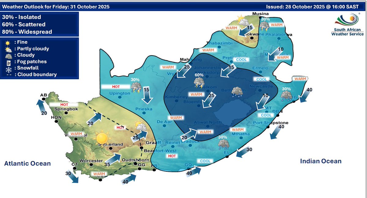 Weather outlook for Thursday &amp; Friday, 30 - 31 October 2025.
Partly cloudy &amp; warm to cool conditions are expected over the central &amp; eastern parts of the country, with isolated to scattered showers &amp; thundershowers possible by the afternoon. Otherwise, fine &amp; hot. 
#saws #weather