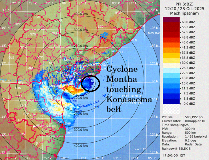 The time has come and Severe #CycloneMontha is preparing for landfall. The entire eye to enter into land will take 6-8 hours to complete, hence tomorrow morning this Monster will be in land of Central AP ravaging rains and Heavy winds. Next 2-3 hours, rains would further increase