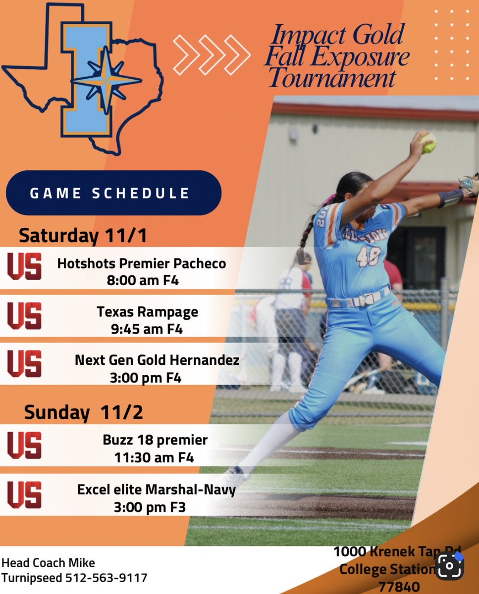 Ready for a great weekend of Softball at the Impact Gold Fall Showcase!! Come check us out! 2026/C,SS,3rd,1st,UT/not committed. <a href="/Coach_JimBray/">Jim Bray</a> <a href="/Coach_Cump/">Mark Cumpian</a> <a href="/CruSoftball/">UMHB Softball🥎</a> <a href="/CoachJaegersSFA/">Melanie Jaegers</a> <a href="/TXStateSoftball/">Texas State Softball</a> <a href="/TexasTechSB/">Texas Tech Softball</a> <a href="/TexasSoftball/">Texas Softball</a> <a href="/AggieSoftball/">Texas A&M Softball</a>