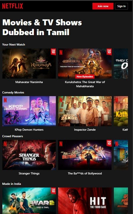 #Netflix ல தமிழ் dubbed movies &amp; seriesக்கு தனியா category இல்ல 😕

தமிழ் என்று இருந்தாலும் அது mostly original Tamil contentதான்.

“Tamizh dubbed”ன்னு Netflixல type செய்தாலும், ஒழுங்கா வராது.

எல்லா தமிழ் dubbed content ஒரே இடத்தில பாக்க ஒரு simple trick இருக்கு 👇

Netflixல