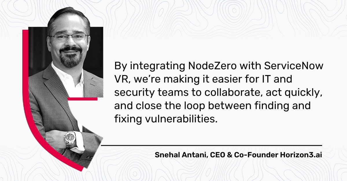 Horizon3ai's tweet image. Security teams don’t need more noise. They need clarity.

That’s why we’ve integrated #NodeZero with @ServiceNow Vulnerability Response (VR) to help organizations turn proof into action.

With this new integration, exploit-verified findings from NodeZero can automatically flow…