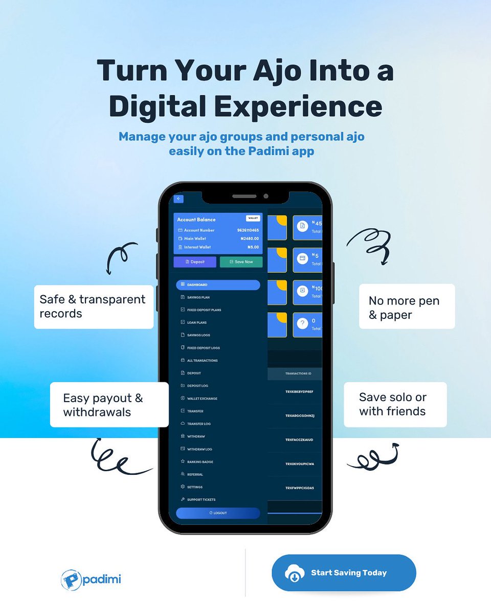 padimico's tweet photo. Save daily with Padimi Alajo, join group ajo with friends, and track every contribution on your phone. 

No missing records or stress, just transparent savings that grow. 

Start saving today!!! 

#saving #Finance https://t.co/17dNolrM72