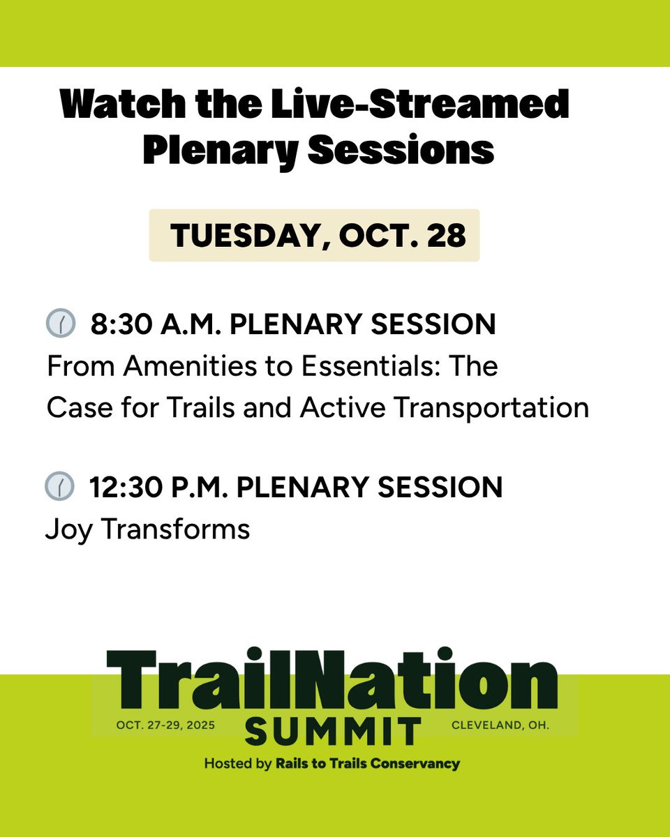 railstotrails's tweet image. We&apos;re excited for Day 2 of the #TrailNation Summit—which is bringing together people to connect the nation’s trail networks! Join in by watching today&apos;s live-streamed plenary sessions on the @RailsToTrails Facebook Page or website: RailsToTrails.org/Summit.