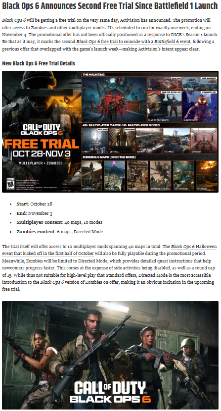 AiToday420's tweet photo. #CallofDuty : #BlackOps6  Running New Free Trial During Battlefield 6 S1 Launch

Ops 6 is coming later this week, &amp; will be available until early Nov 2025. Its timing combined with Activision recent promotional strategy suggests the upcoming Ops 6 trial is intentionally scheduled https://t.co/PQQOn2rcdH