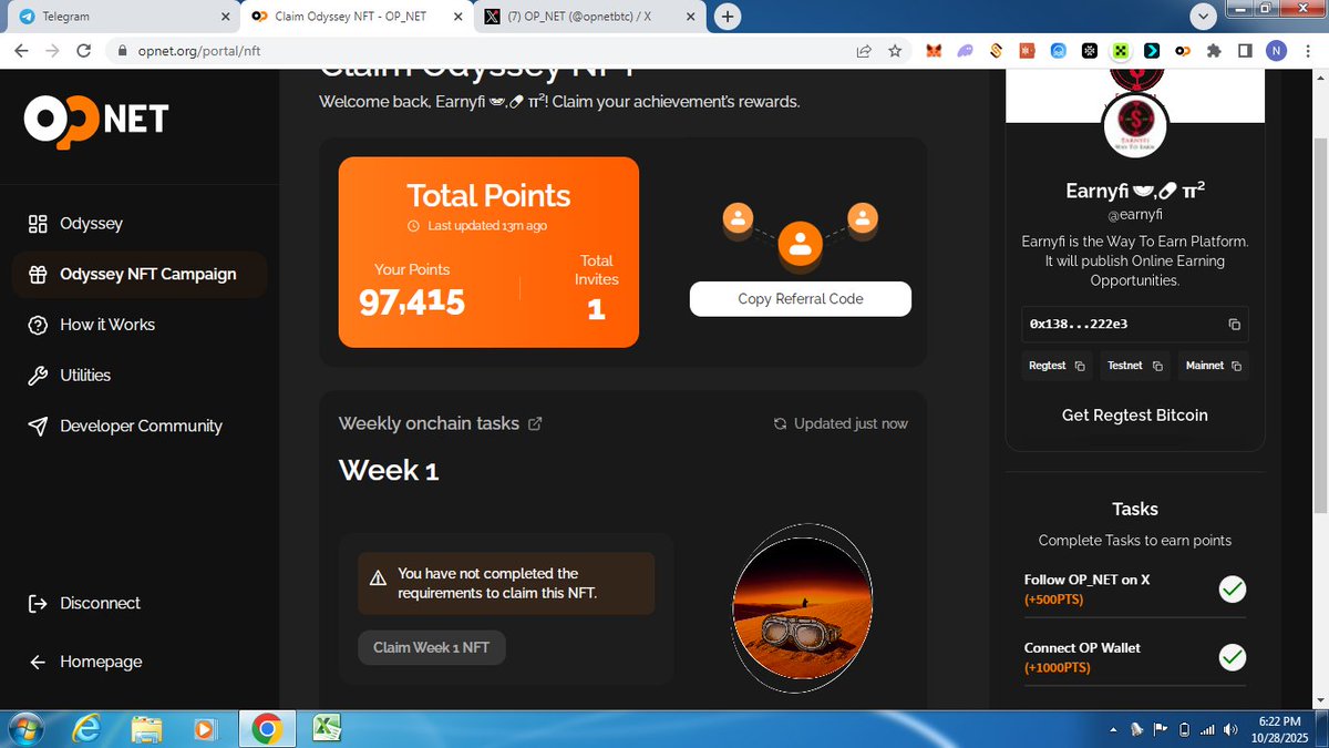 earnyfi's tweet photo. @opnetbtc Sir I have completed first week task and post screenshot in Twitter but Now show You have not Completed and I can't Claim NFT. Please chech and give access to claim NFT.

https://t.co/7YCQ1p7xXl https://t.co/diA5uvp96o