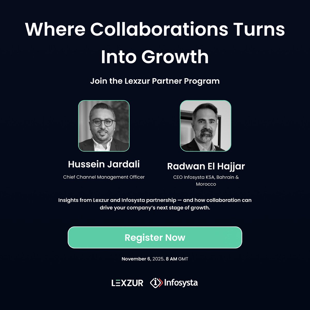 🌟 Have you booked your spot yet?

Join us on November 6 at 8:00 AM GMT for a live #webinar on how partnership drives real business impact.

Hear how Infosysta’s collaboration with LEXZUR expanded reach and success through the Lexzur Partner Program — and learn how your company