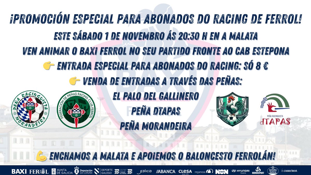 🎟️ Atención, abonados do <a href="/racingferrolsad/">Racing Club Ferrol</a> !
Temos unha promoción especial para vos!

Entradas para o partido do sábado as 20:30 frente a <a href="/CABESTEPONA/">C.A.B. ESTEPONA</a>  a só 8 € 💚

Á venda a través das peñas <a href="/prpalogallinero/">Peña El palo del gallinero</a> , <a href="/pr_morandeira/">Peña Racinguista Morandeira⚓️</a>  e <a href="/PRDTapas/">Peña Racinguista D'Tapas</a> 

Vivamos un sábado xuntos!