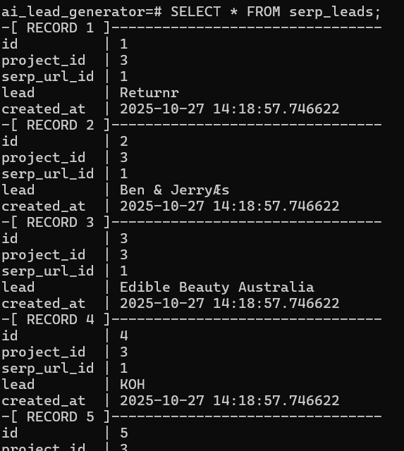 michelleyapsai's tweet image. Day 57 of #100DaysOfCode 🫡

Got my serp/results route working to save leads into a PSQL table!

The only thing is that I&apos;m struggling to export the table to a CSV without the weird overflow I&apos;m getting, so I&apos;ll tackle that as the day ends.

#PostgreSQL