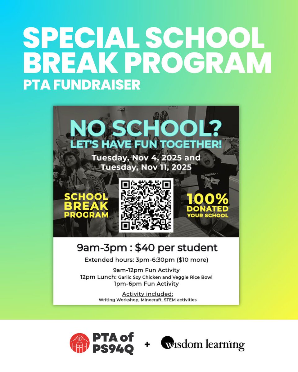 School’s out on Nov 4 &amp; 11! 🎉

Join our special school break program with Wisdom Learning — every dollar goes right back to our PS94Q kids. Sign up now! 

<a href="/PS94DavidPorter/">PS94 David D Porter</a> <a href="/94QDavidDPorter/">Laura Avakians</a>
