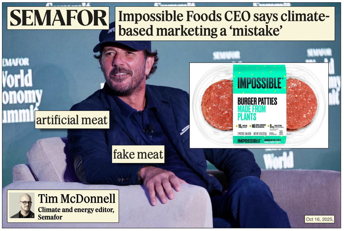 In an article about Impossible Foods, <a href="/semafor/">Semafor</a> climate reporter <a href="/timmcdonnell/">Tim McDonnell</a> describes #plantbased meat as "artificial" and "fake." #Semafor - Instead of amplifying meat industry propaganda, which scares consumers away from #vegan products that are healthier, more eco-friendly