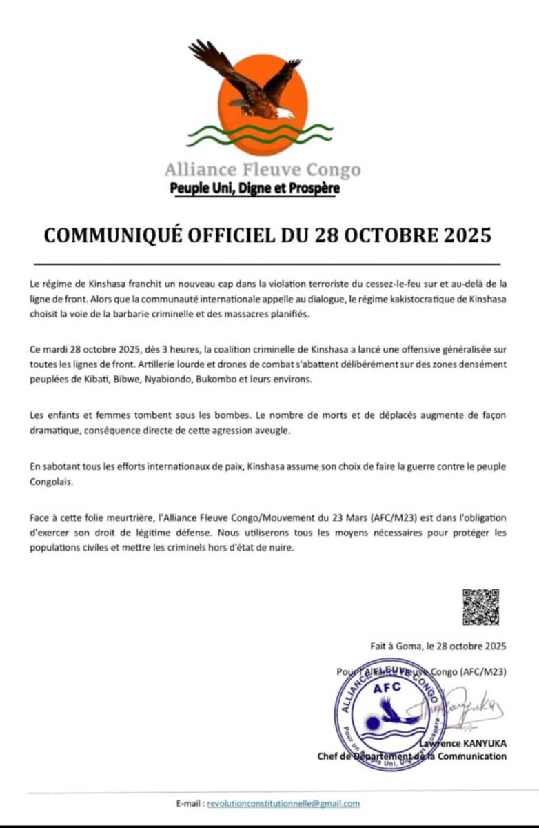 SimaroNgongoMba's tweet photo. #AFC/M23: Le régime de Kinshasa a lancé aujourd'hui une offensive massive sur tous les fronts, ciblant délibérément les civils à Kibati, #Bibwe, #Nyabiondo et #Bukombo.

L'AFC/M23 condamne fermement ces attaques barbares et réaffirme son droit à la légitime défense pour protéger le peuple congolais. 🇨🇩#