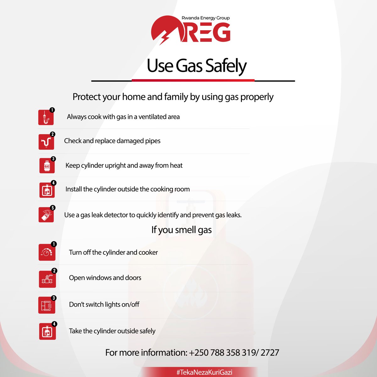 🔥 Ukoresha gazi mu guteka? Irinde impanuka, wubahiriza ingamba zo gukoresha gazi neza!

Tekesha gazi neza, ugire umutekano usesuye! 

#TekaNezaKuriGazi
----------------------------

🔥Cooking with gas? You can avoid accidents, always  keep safety in mind to protect your home and