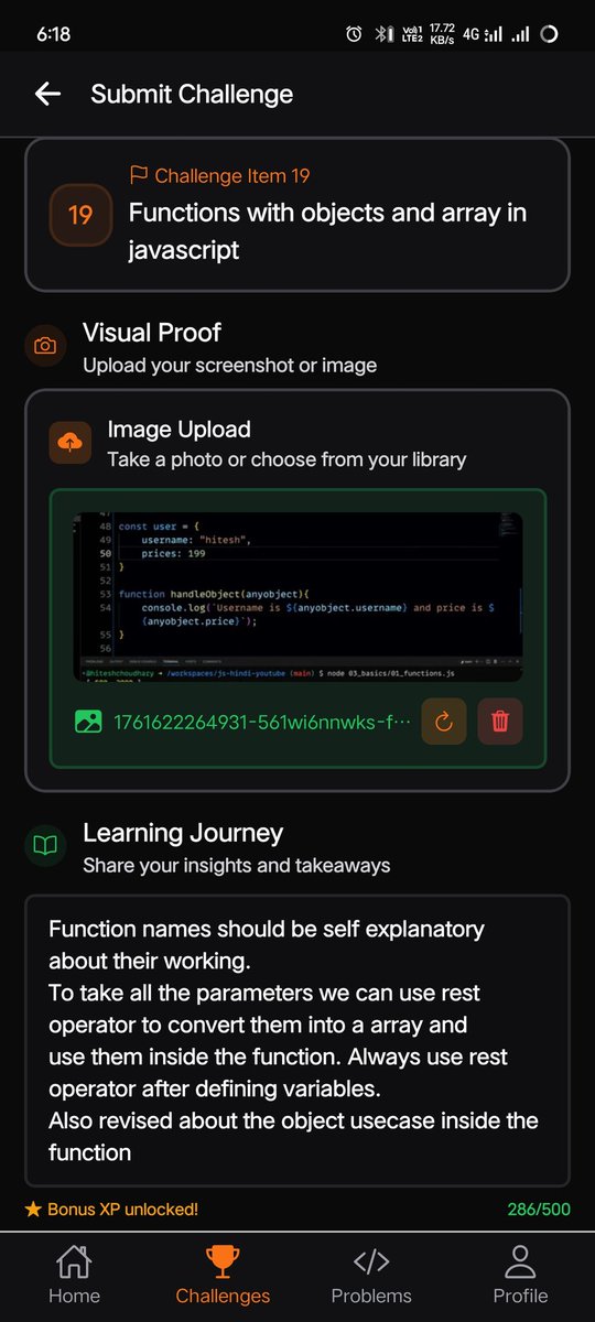 iamabhishek012's tweet image. #Day19  completed of #25daysjschallenge on masterji app.
Topic: functions, parameters packaging, functions naming 
@Hiteshdotcom @ChaiCodeHQ