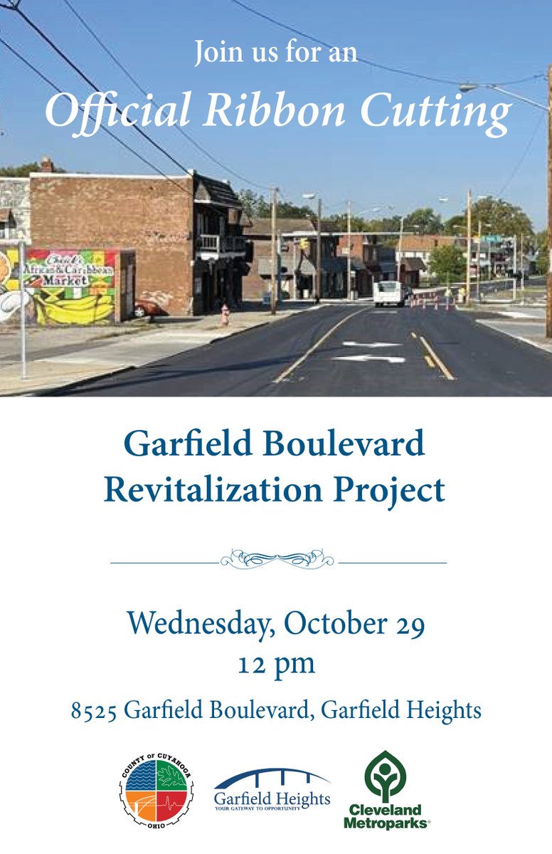 Join us for the Garfield Boulevard Ribbon Cutting Ceremony on Wednesday, October 29 at noon at 8525 Garfield Boulevard. Please note that a portion of Garfield Boulevard from 85th Street to 88th Street will be closed from approximately 11:30 a.m. to 1:30 p.m. for the ceremony.