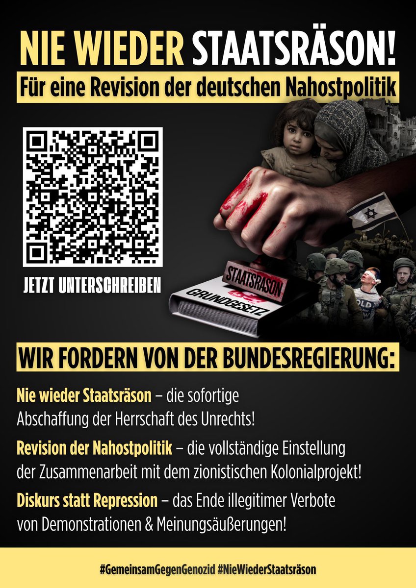 hoffmann_suhaib's tweet photo. Die von mir initiierte Petition #NieWiederStaatsräson stellt drei konkrete Forderungen an die Bundesregierung:

1. Nie wieder Staatsräson!
2. Revision der Nahostpolitik!
3. Diskurs statt Repression!

Als Muslime können wir die deutsche #Erinnerungskultur nachvollziehen, diese darf aber nicht als Generalvollmacht für zionistische Verbrechen missbraucht werden. Deshalb muss die deutsche Nahostpolitik neu gedacht werden! Die Petition ist ein zivilgesellschaftlicher Impuls, diesen Diskurs voranzutreiben und zu verändern.