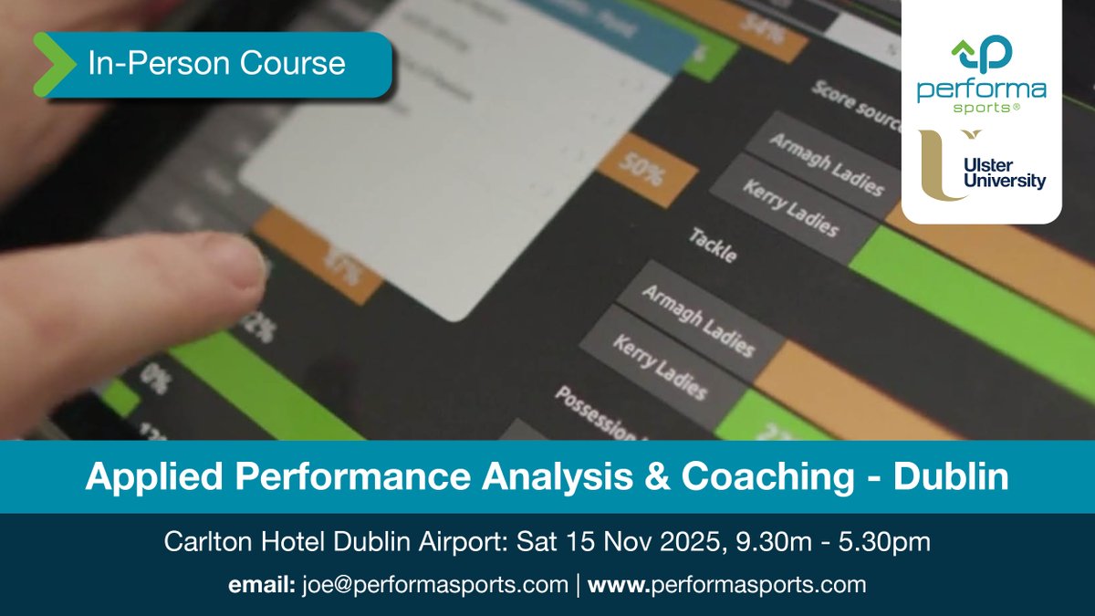 Coach/Analyst? Join us in Dublin with <a href="/UlsterSchSport/">School of Sport & Exercise Science</a>

📢Applied Performance Analysis &amp; Coaching Course
📅Sat 15 Nov, 9.30am-5.30pm 
📍Carlton Hotel Dublin Airport
Linking video &amp; data with coaching &amp; learning in sport #AlwaysLearning   

Learn more▶️ performasports.com/product/applie…