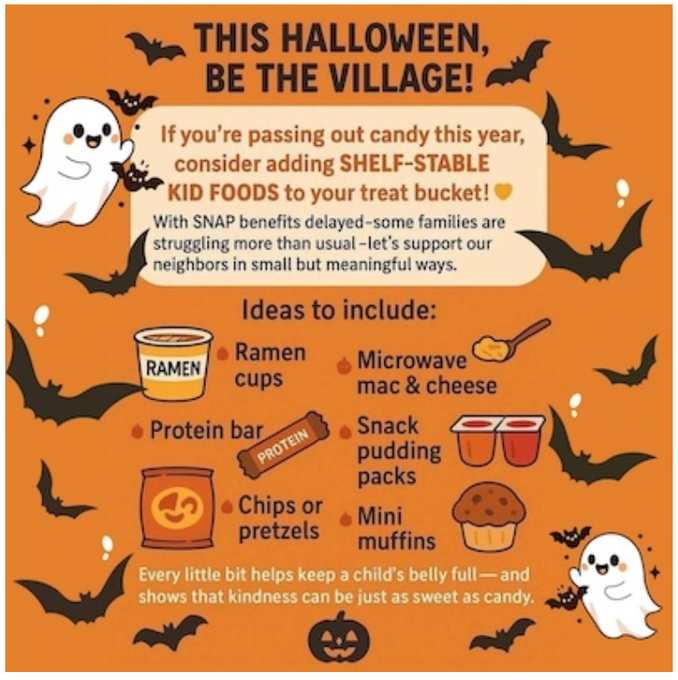 Orange background with black Halloween text reading THIS HALLOWEEN BE THE VILLAGE and If youre the village candy consider adding SHELF-STABLE KID FOODS to your treat bucket. Cartoon ghosts and bats float around. Text explains supporting struggling families with small meaningful ways. List of ideas includes ramen cups, microwave mac and cheese, protein bar, pudding cups, chips or pretzels packs, mini muffins. Bottom text states Every little bit helps keep a childs belly full and shows that kindness can be just as sweet as candy with a smiling ghost.