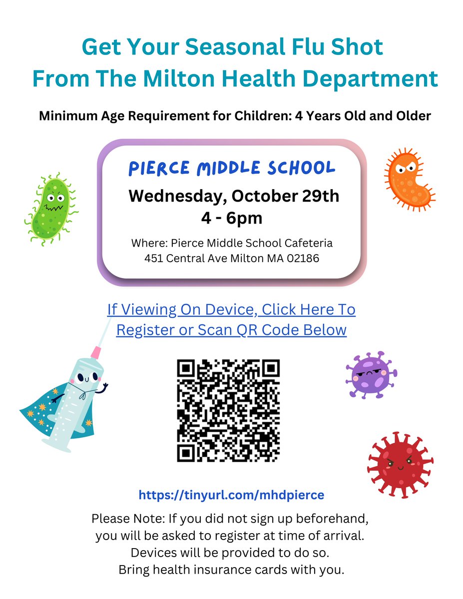 Our last seasonal flu clinic is tomorrow at Pierce Middle School from 4-6PM. Protect yourself and those around you! Use the link below to sign up for an appointment

tinyurl.com/mhdpierce