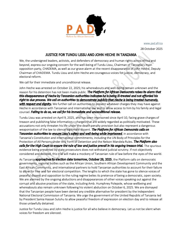 almquistkate's tweet photo. PAD further calls on authorities to ensure the safety and well-being of CHADEMA Chairman @TunduALissu and Deputy Chairman @HecheJohn, each of whose right to life and liberty is being gravely endangered. PAD calls for their immediate and unconditional release. https://t.co/LW2ipoirX3