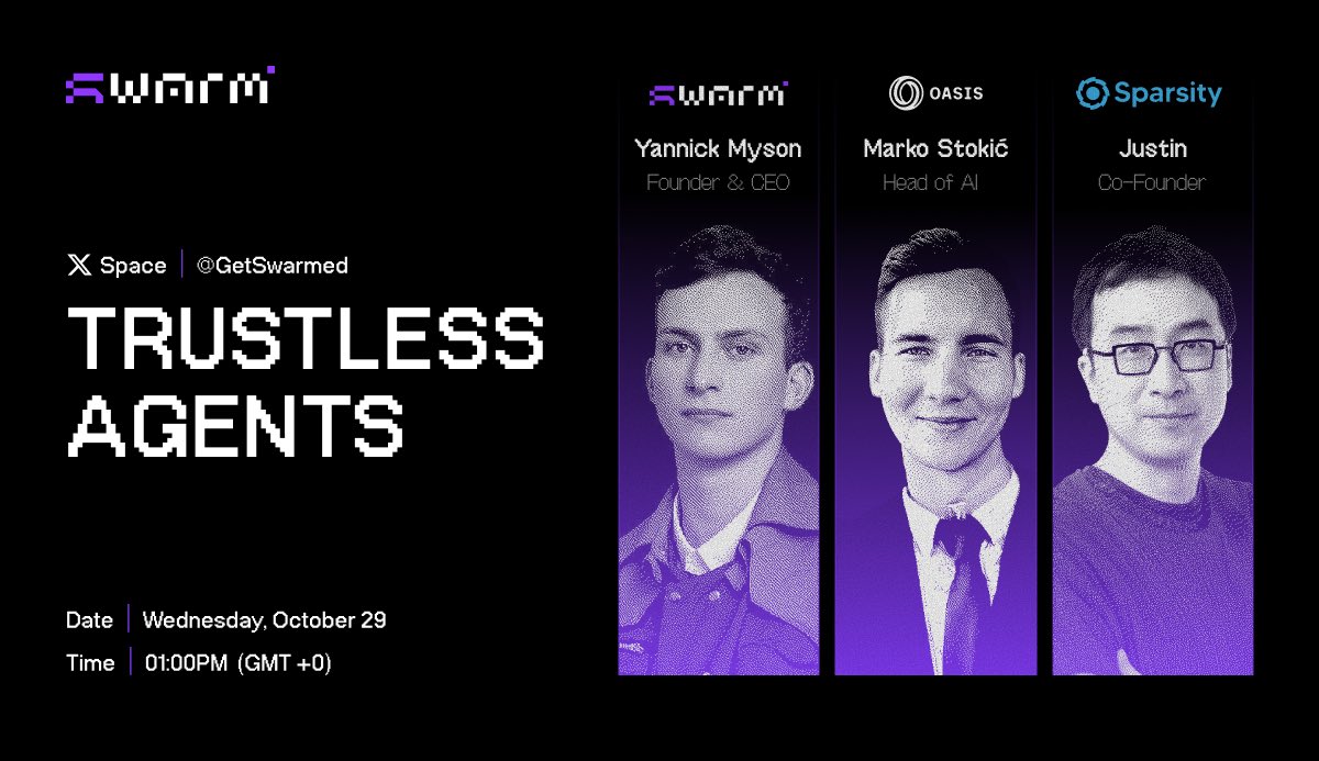 🎙️ Agents Unplugged: TRUSTLESS AGENTS

This week, we dive into trustless agents.

📅 Oct 29 | ⏰ 1PM GMT
📍 x.com/i/spaces/1eaJb…

Join hosts <a href="/YannickMyson/">Chief Truth</a> (<a href="/GetSwarmed/">Swarm Network</a>) &amp; <a href="/markowifk/">Marko Stokić</a> (<a href="/OasisProtocol/">Oasis</a>).

Special guest:
🔹 <a href="/JustinZhang/">justin</a> (@Sparsity_XYZ)