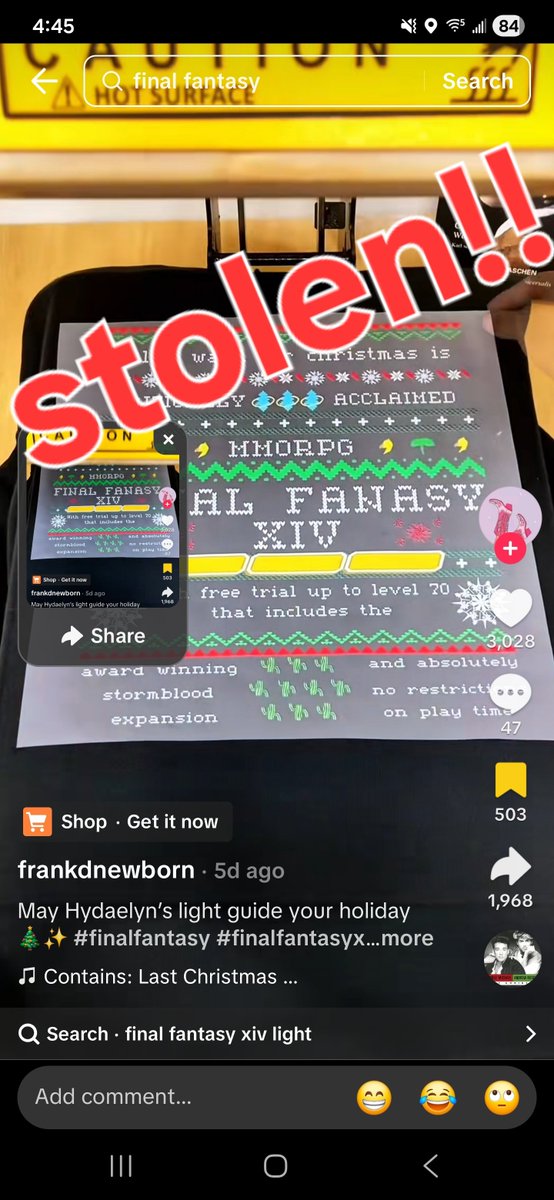 Hi yall! Just wanted to let everyone know that theres a TikTok shop @frankdnewborn aka "longlivegirly" who's stolen my FF14 Ugly Christmas design and is reselling it as their own- pls report them if you have a sec, it would mean a lot! #ffxiv #ff14 #FinalFantasyXIV #FinalFantasy