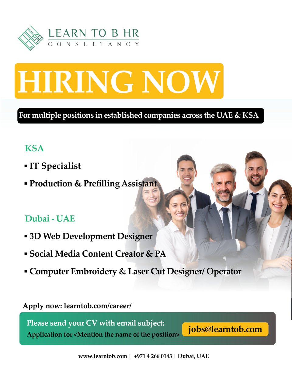 Learn_To_B's tweet photo. We’re hiring for talented professionals to join our team in UAE and KSA. Explore exciting career opportunities and take your next step with us.

📩 Apply Now: Send your CV to jobs@learntob.com

or visit: https://t.co/yCpcq1H0ZD https://t.co/bhwk3orxh1
