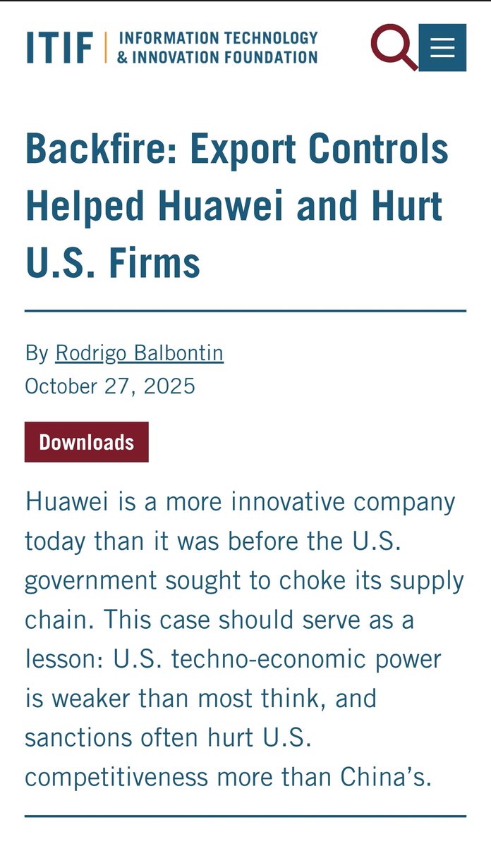 If you weren't convinced yet that the US technology sanctions on China hurt the US more than they did China, please read this incredible report by the Information Technology &amp; Innovation Foundation (ITIF), the world's leading think tank for science and technology policy.

They