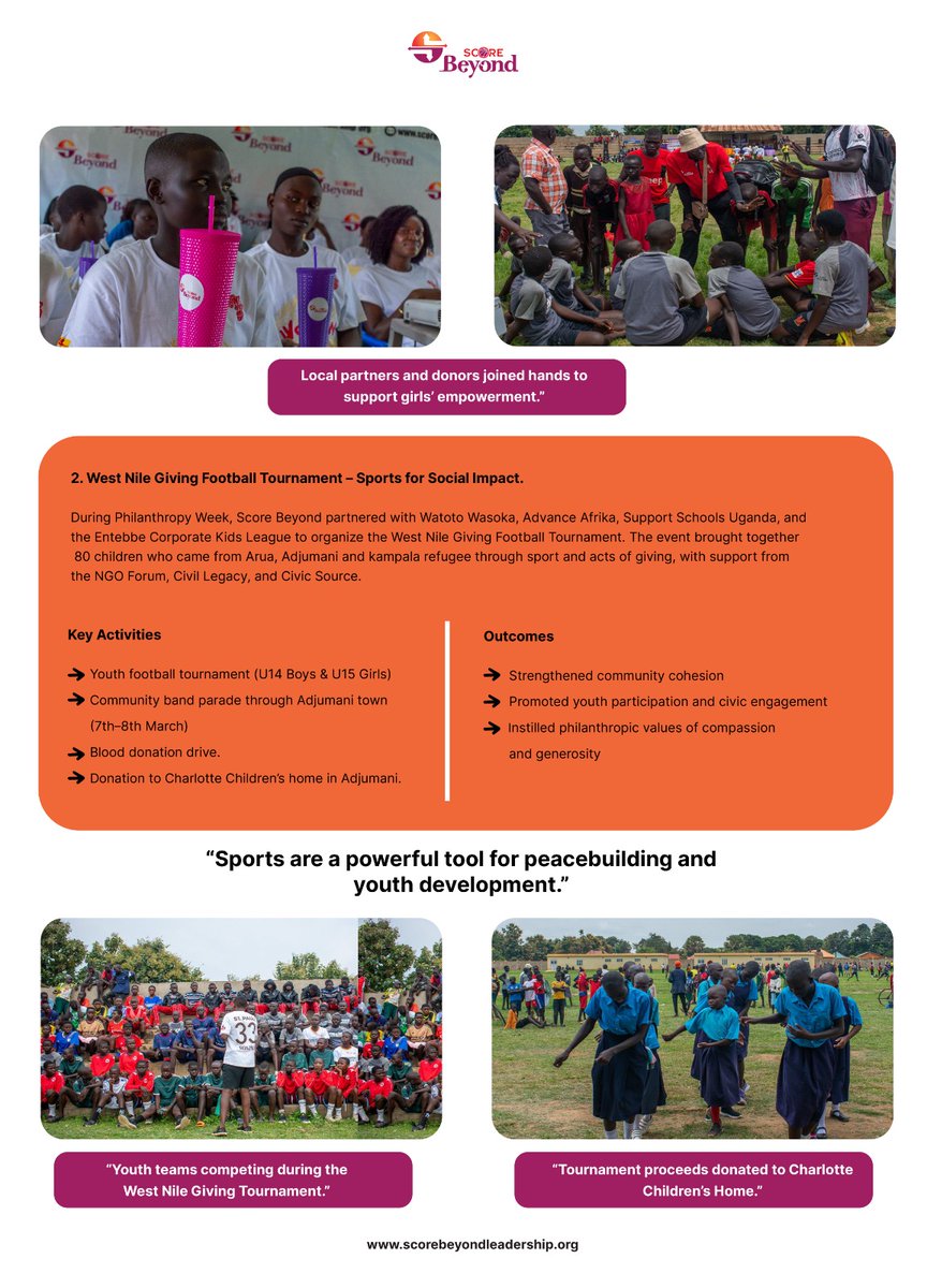 score_beyond's tweet image. West Nile Giving Football Tournament | Sports for Social Impact

During Philanthropy Week 2025, Score Beyond partnered with Watoto Wasoka, Advance Afrika, Support Schools Uganda and the Entebbe Corporate Kids League to host the West Nile Giving Football Tournament: #ScoreBeyond