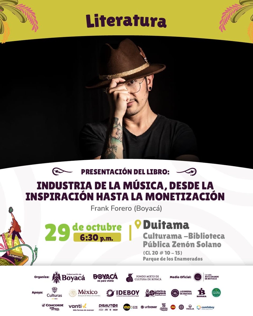 Este miércoles lanzaré mi libro Industria de la música: desde la inspiración hasta la monetización, ganador de la Convocatoria de Estímulos 2025 del Ministerio de las Culturas, las Artes y los Saberes. <a href="/mincultura/">MinCultura Colombia</a>. En el marco del <a href="/FICBoyaca_/">Festival Internacional de la Cultura Campesina</a> en #Duitama #Boyacá. Los espero.