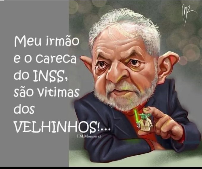 Caricature drawing depicts an elderly bald man with exaggerated features including large ears and nose, dressed in a dark suit and tie, holding a small green Yoda figure from Star Wars in his right hand, set against a gray background with blurred spotlight effect.