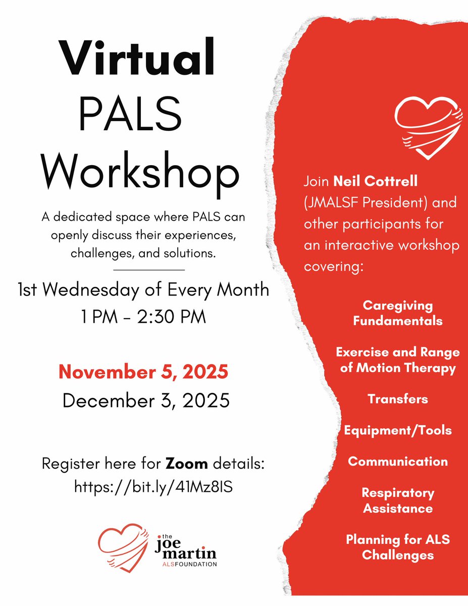 Join us Wednesday, Nov. 5th, for our monthly PALS Workshop designed specifically for People with ALS (PALS). This is a dedicated space for PALS to share experiences, challenges, and solutions in a supportive environment. Register to receive Zoom details: form.jotform.com/250797451615160
