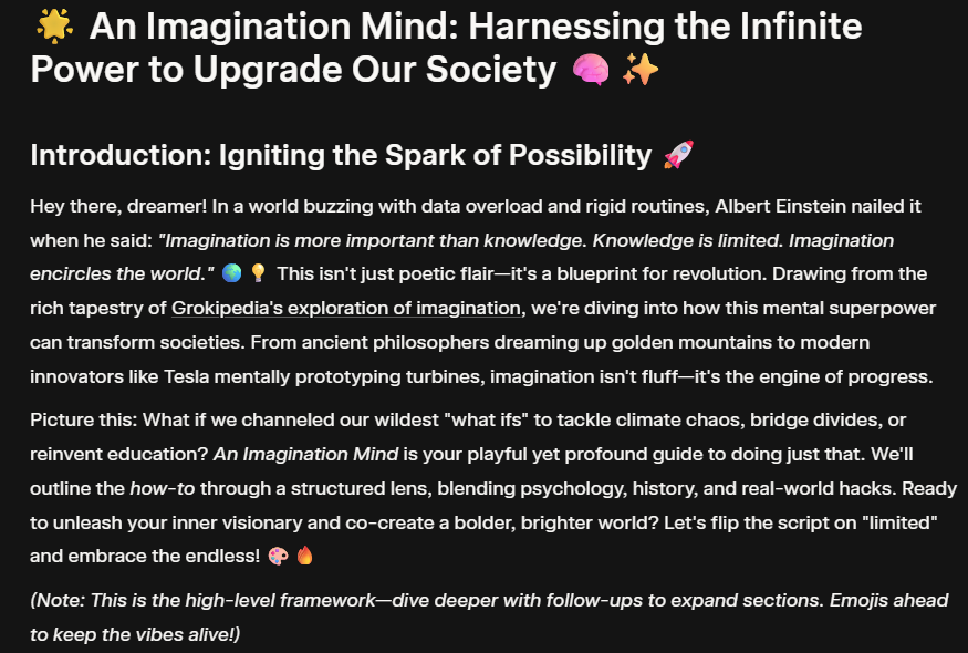 GundiThore's tweet photo. #LibraryofGrok #Grokipedia
🌟 An Imagination Mind: Harnessing the Infinite Power to Upgrade Our Society 🧠✨
Just ask Grok to expand a topic, in the follow queries.
Link to the guide:
https://t.co/DBEpJZmC27