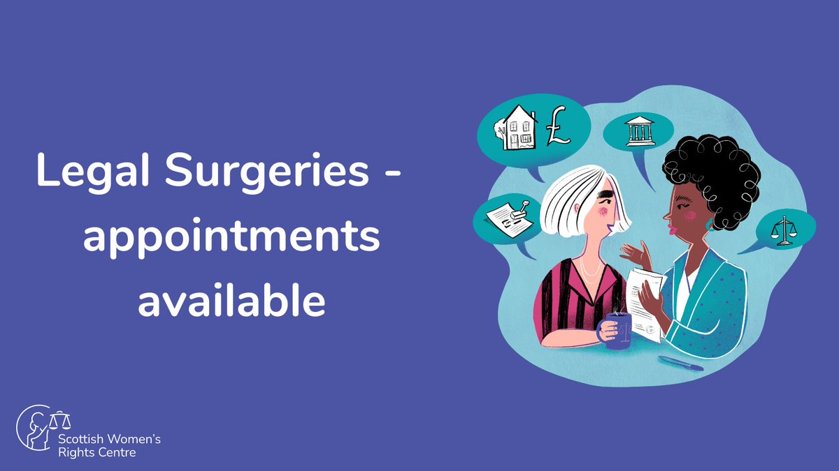SWRC_'s tweet image. Did you know we offer free legal advice surgeries?

👉 For women who have experienced any form of abuse

👉For women who have experienced gender-based violence and immigration issues

Find full details and booking info on our website: scottishwomensrightscentre.org.uk/services-surge…