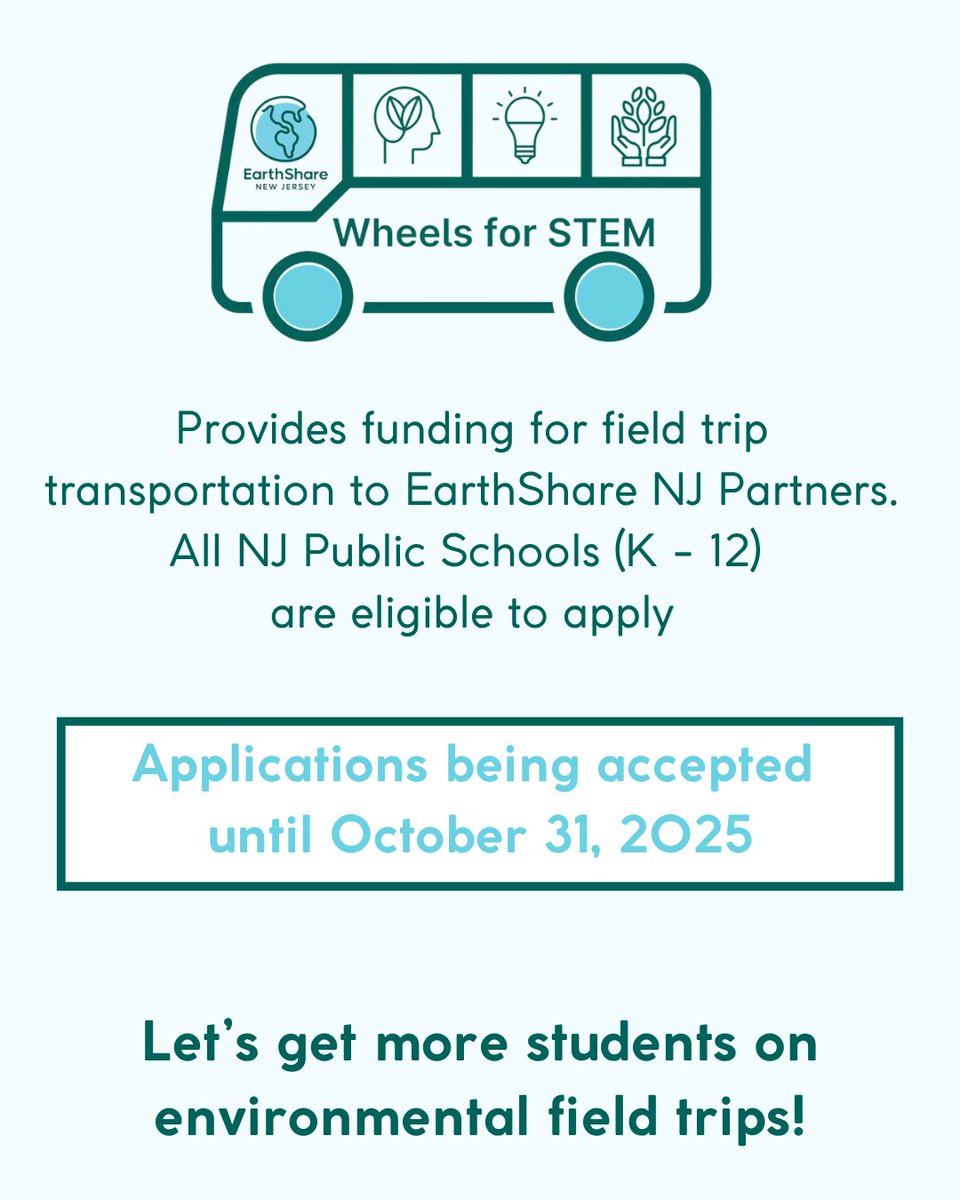 EarthShareNJ's tweet photo. Calling all teachers, parents, principals or school board members! The Wheels For STEM applications are closing THIS FRIDAY. Apply today to get your students out on field trips to learn about our environment. Find out more on our website, https://t.co/nEWpikgFTM. https://t.co/ZMShMULSE7