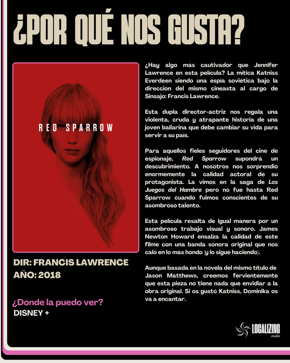Localizing_St's tweet image. Jennifer Lawrence en Red Sparrow demuestra que el control y la vulnerabilidad pueden habitar el mismo gesto.
Un thriller elegante y crudo dirigido por Francis Lawrence.
📍 Disponible en Disney+
#MartesDeElenco #AlmanaqueCinefilo #Recomendaciones