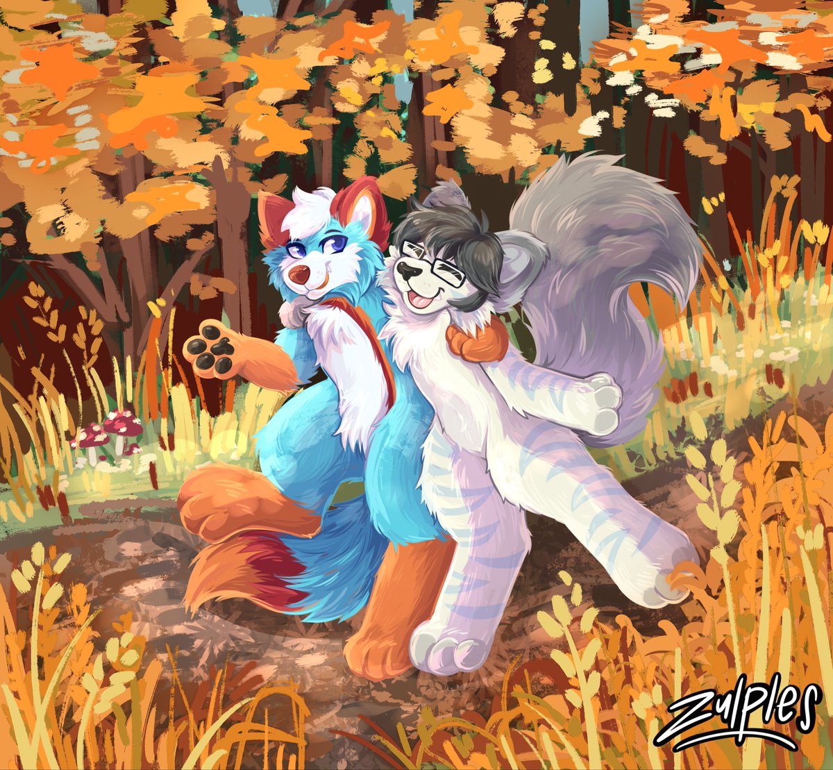 A doggy and a kitty enjoy some nice autumn walkies in the woods! 😊🍁🐾

🐱: <a href="/spuduwu/">spud 🍂</a> 
🎨: <a href="/zulples/">zulples 🦌 two</a>