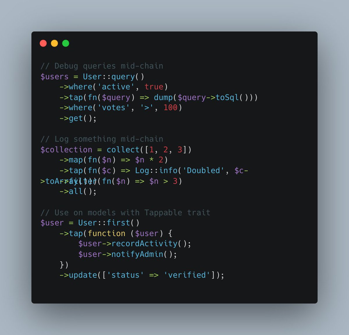 Breaking chains for side effects?
Perfect for:
✅ Keep fluent chains flowing
✅ Debug mid-chain easily
✅ Side effects, no breaks
✅ Natural top-to-bottom code
The chain never breaks 🔗

{{laravelhashtag}}