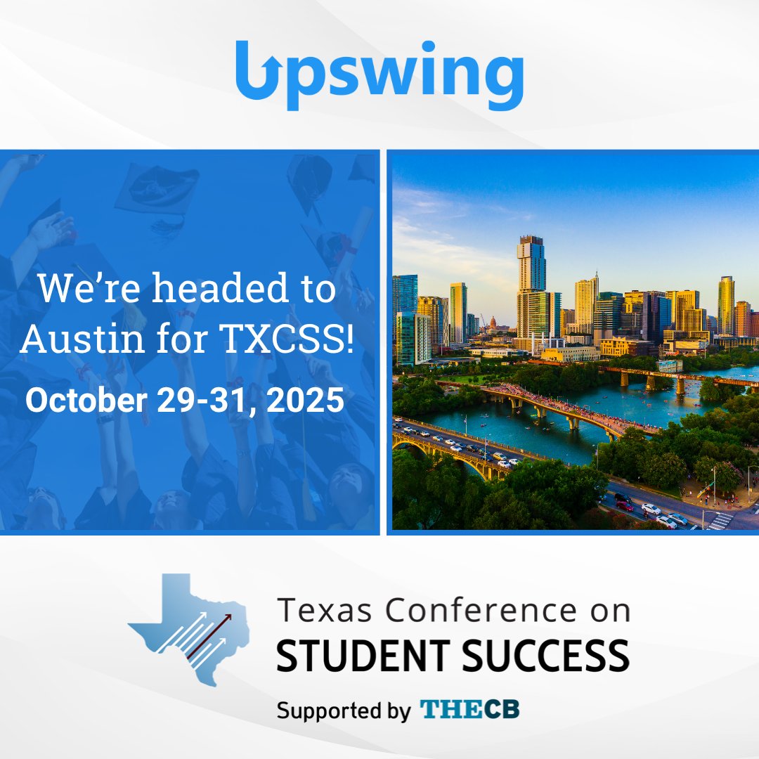 upswing's tweet image. We’re heading to Austin for the Texas Conference on Student Success! 🎓
Oct 29–31, we’ll be connecting with higher ed leaders to share ideas &amp;amp; drive innovation in student support.
Let’s talk student success! 👋
#Upswing #HigherEd #TXCSS2025