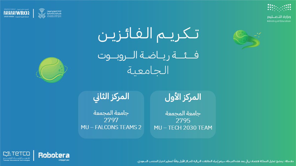 wrosaudia's tweet photo. نتائج #ابطال_المستقبل في نهائي الاولمبياد العالمي للروبوت #WRO2025
تهانينا لجميع الفرق المشاركة 🎉​
​
فئة ( رياضة الروبوت  ) 🎾 

#الأولمبياد_العالمي_للروبوت 🤖
#WROSaudi https://t.co/50li3voZdi