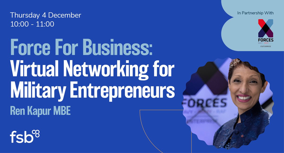 Last time at ‘Force for Business’, we were inspired by Jordan Wylie MBE - adventurer, author  and former frontline soldier.  

Join our next free virtual networking for ex-military entrepreneurs hosted by <a href="/renkapur/">Ren Kapur MBE</a>: events.fsb.org.uk/en/8d2bI2X7/g/… 

#FSBConnectOnline #MilitaryInBusiness
