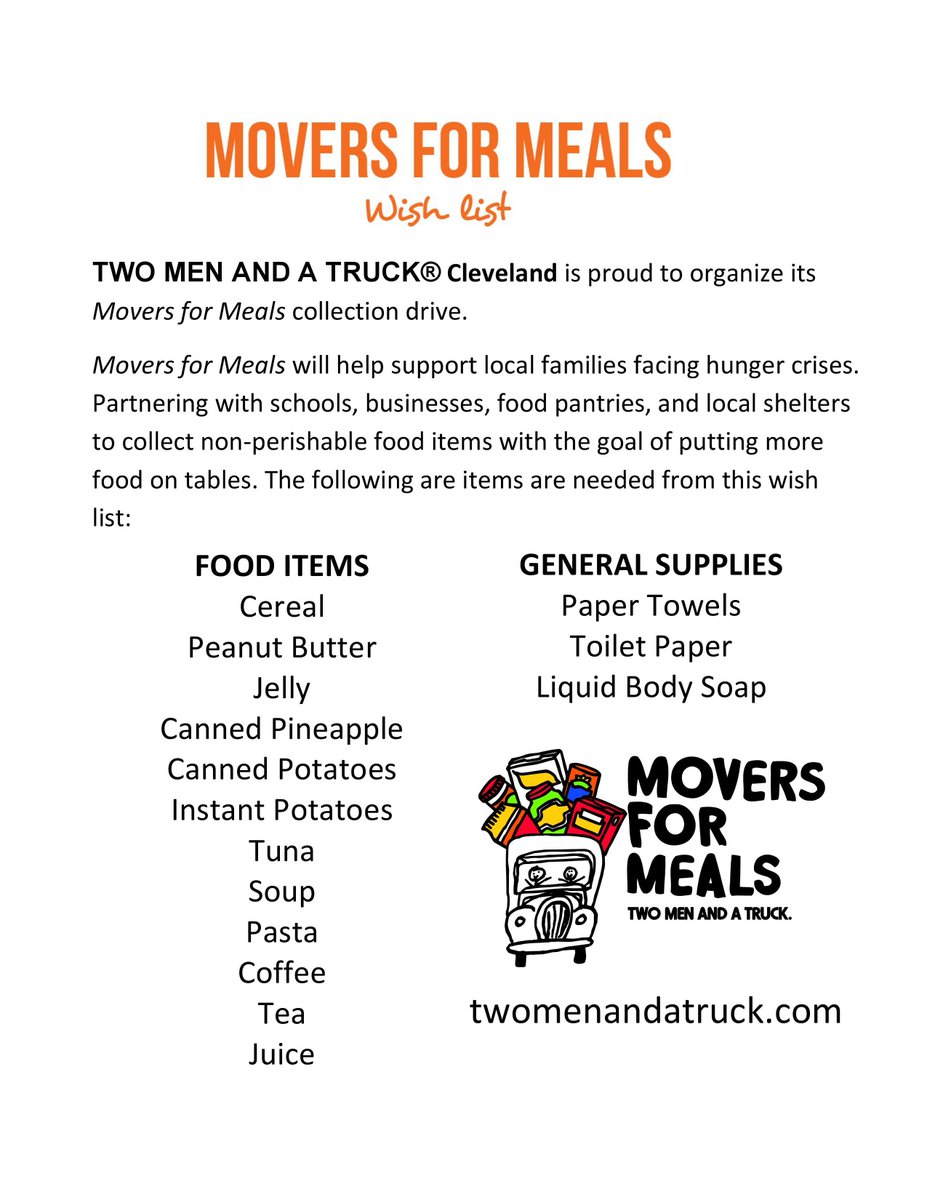 TwoMenCleveland's tweet image. We still have two weeks left to donate for our #MoversforMeals campaign! Please visit our donation partners for drop offs and here is a list of items our food shelter is looking for! 🥫🥫🥫
