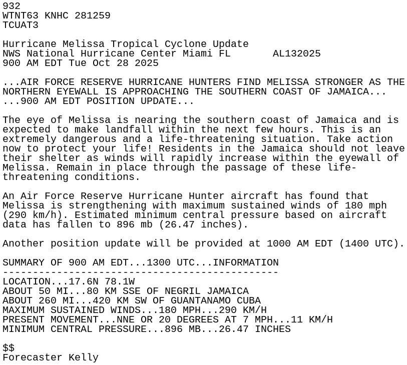 FloridaTropics1's tweet photo. JUST IN: Update from the NHC has winds at 180 MPH and pressure down to 896mb. https://t.co/zYOsTAxqqa